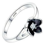 Anillo Flor Esmalte Negro Y Zirconia Blanca Plata Ley 925