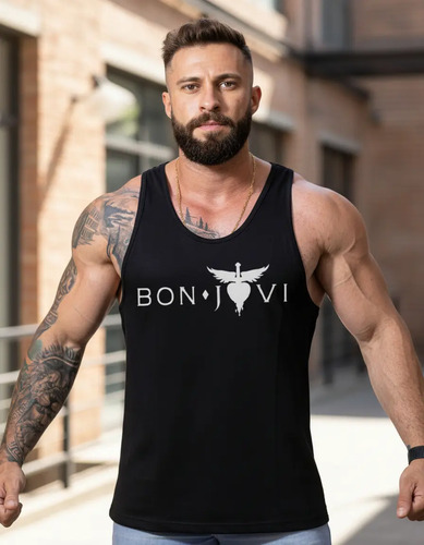 Regata Bon Jovi Rock Bandas Musica Camiseta Preto Cinza | Parcelamento sem juros