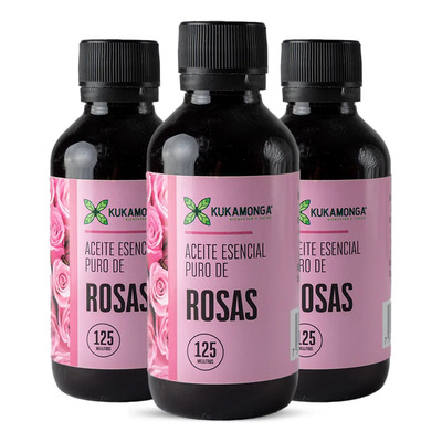 Kit 3 Frascos de Aceite Esencial de Rosas 100% Puro | 125 ml c\u002Fu | Antioxidante y rejuvenecedor | Ideal para Aromaterapia, Masajes Relajantes | Cuidado de la Piel | Hidratación | Total: 375 ml | Meses sin interés