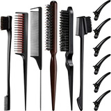 Set De 12 Cepillos Para Cabello Negro Con Peine De Cola De R