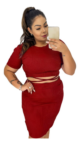 Conjunto Plus Size Malha Canelada Tam Unico Veste Até Tam 50