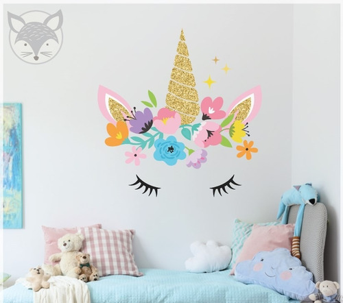 Vinilo Pared Infantil Unicornio Dorado Corazon Arcoiris Nena