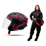 Capacete Moto Feminino Flowers Pro Tork Nlt + Capa De Chuva