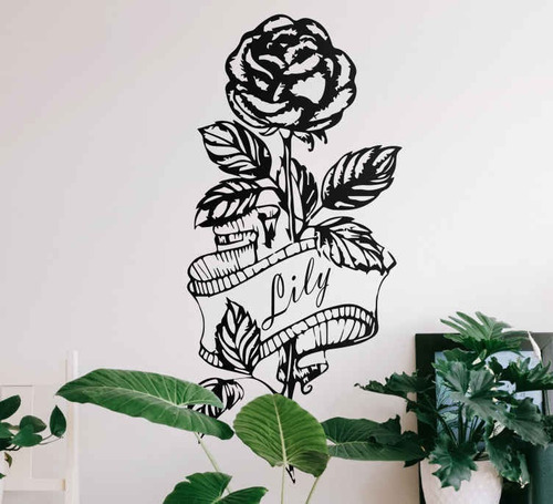 Vinilo De Flor Dibujo De Rosa Con Cinta Pared Vinil