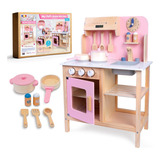 Cocina De Madera Kids House, Cocinita De Juguete Para Niñas My Chef Home Kitchen, Color Rosa Con Acabados En Madera, Incluye 1 Sartén, 1 Olla, 3 Utensilios De Cocina, 1 Pimentero Y 1 Salero