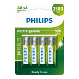 04 Pilhas Bateria Aa Philips Recarregável 2500mah 2a  1 Cart