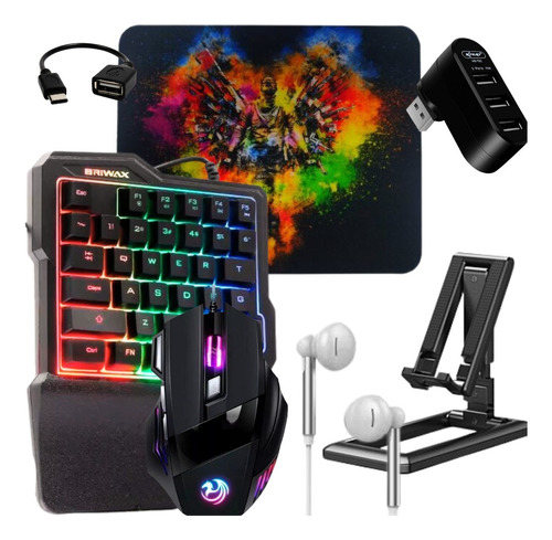 Kit Mobilador Gamer Teclado 1 Mão Mouse 7 Botões Rgb E Fone 