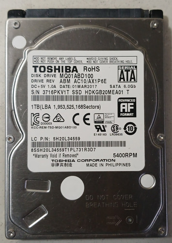 Disco Duro Rigido Toshiba Mq01abd100 1tb 2.5 Sata Leer