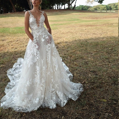 Vestido De Novia De Encaje Sin Mangas Con Cuello