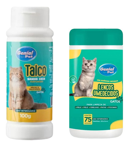 Talco Banho Seco 100 Gr + Lenços Umedecidos Para Gatos