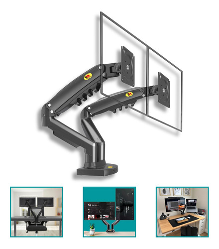 Suporte 2 Monitores Duplo Braço Articulado Pistão Mesa Fixo