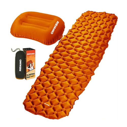 Colchoneta Inflable Remmo Almohada Camping Liviana 1 Plaza Color Naranja