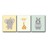 Triptico Cuadros Niños 40x30 Cms Set18 Jirafa Rino Elefante