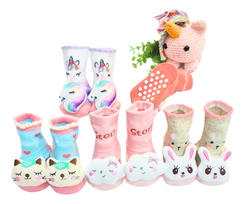 Kit Com 4 Meias Bebe Recém Nascido Pantufa Chocalho Menina  