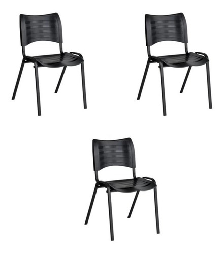 Kit 3 Cadeiras Compacta Empilhável Fixa Escritorio Preta
