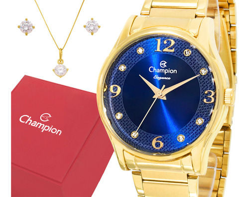 Relógio Feminino Champion Dourado Azul Com Pulseira Berloque