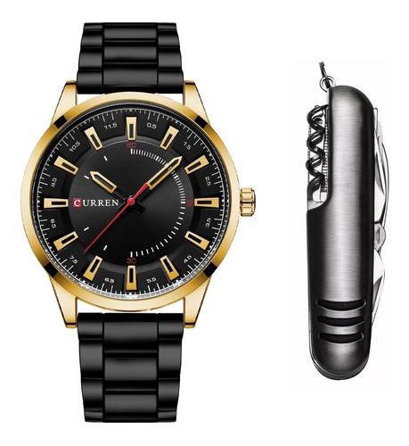 Relógio Masculino Casual Aço Inox De Luxo Preto + Canivete Cor Do Bisel Dourado