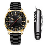 Relógio Masculino Casual Aço Inox De Luxo Preto + Canivete Cor Do Bisel Dourado