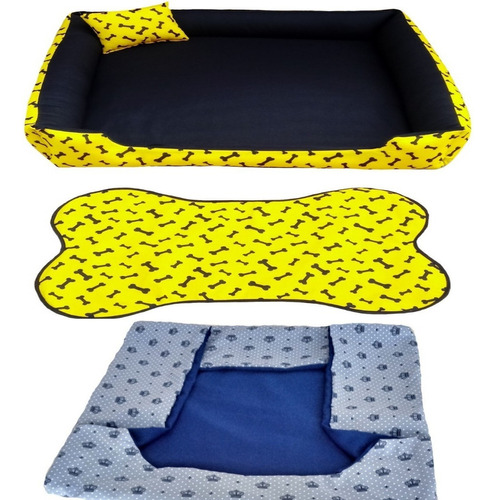 Cama Para Cachorro Grande Gg 95x95 Cm + Tapete E Capa Extra Cor Cama Amarela + Capa Azul Coroa