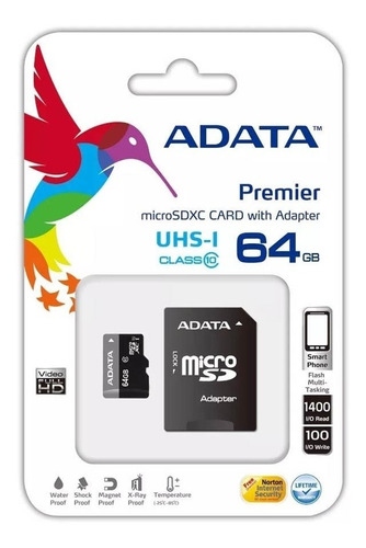 Memoria Micro Sd 64 Gb Clase 10 Premier + Adaptador - Adata