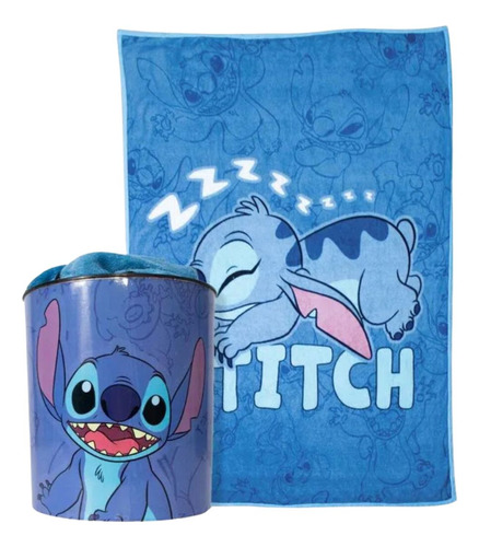 Kit Manta +balde De Pipoca Stitch Azul Disney Zonacriativa