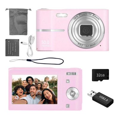 Cámara Digital 50mp 1080p Fhd Con Pantalla 2.4 , Zoom 16x, Enfoque Automático, Luz Led, Batería 700mah, Tarjeta 32gb Incluida, Ideal Para Niños, Adolescentes Y Adultos Mayores | Meses sin interés