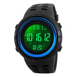 Reloj Deportivo Burk 1251 Luz Digital Cronometro Alarma ! Color De La Malla Negro Color Del Bisel Azul