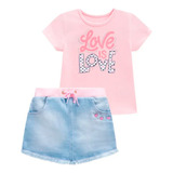 Conjunto Infantil Açucena Blusa E Short Saia Rosa Com Strass