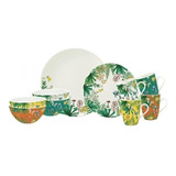 Set Vajilla Ceramica Jungle X16 Platos Taza Plato Postre Color Blanco