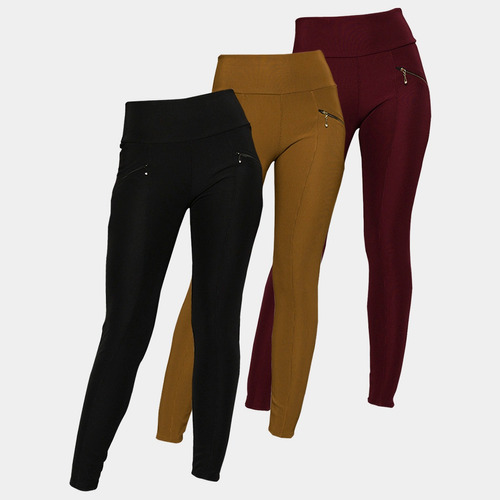 3 Un Calça Legging Montaria Zíper Lateral Cós Duplo Gorgurão