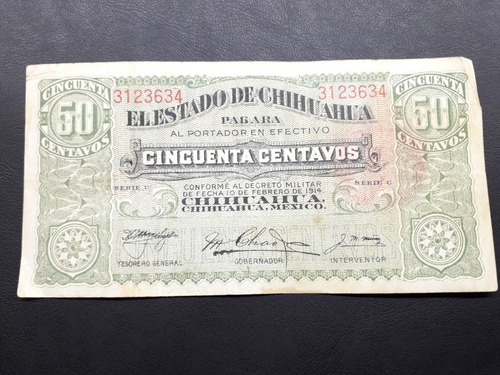 Billete Revolucion 50 Centavos Chihuahua 1914 Semiusado