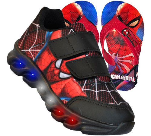 Kit Tênis Masculino Infantil De Led Homem Aranha + Chinelo