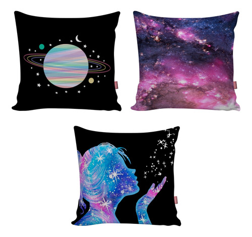 Kit 3 Capa Almofada Quarto Sala Espaço Estrelas Planeta