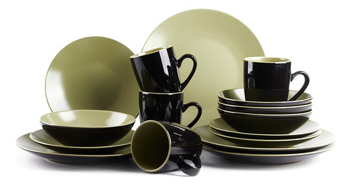 Set De Platos Comedor Cerámica Negro Verde Oliv 16 Pzs Exter