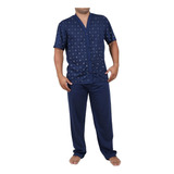 Pijama Longo Masculino Adulto Camisa Manga Curta Botão Calça