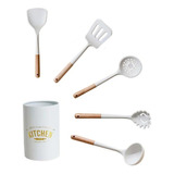 Set 5 Utensillos Cocina Silicona + Contenedor Frase Dorada