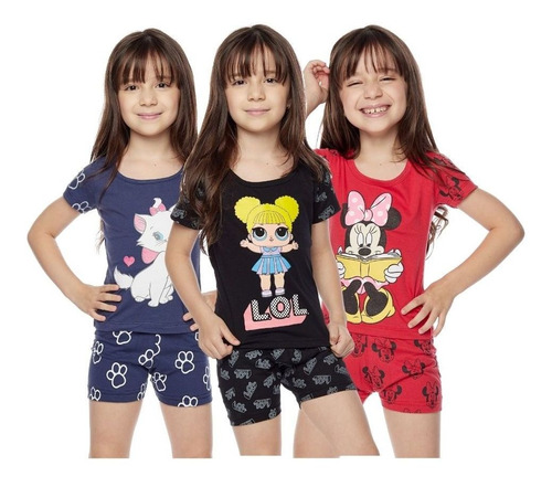 Kit 3 Conjuntos Pijamas Femininos Infantil Menina Revenda