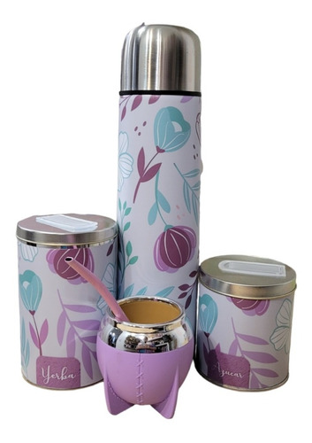 Set Matero Kit Matero Flores Colores Lilas Con Mate Pampa