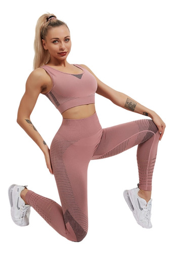 Conjunto Deportivo Lycra Tiro Alto + Crop Top Rosa Ref. 5070