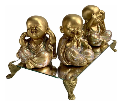Trio Buda Bebê Cego Surdo Mudo Dourado C/ Glitter + Bandeja