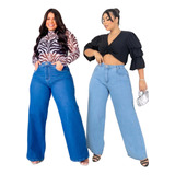 Kit Com 2 Calças Wide Leg Plus Size Cintura Alta Jeans Clara