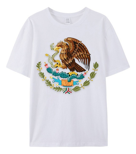 Camisa Blanca Verde Mexicana Emblema Impreso Tee