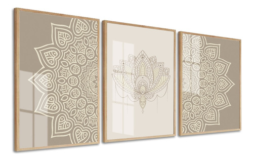 Kit 3 Quadros Decorativos Mandala Boho Bege Abstrato Vidro