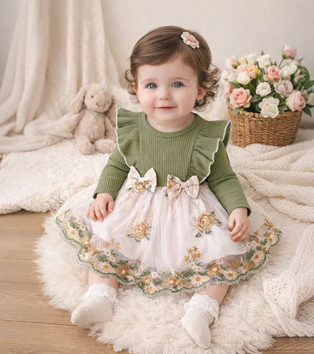 Vestido De Malla Con Lazo Y Bordado De Flores Para Bebé Niña