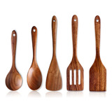 Set 5 Utensilios Madera Cocina Antiadherente Cucharas Espátu