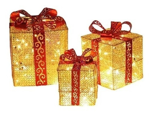 Set 3 Cajas Decorativas Navideña Regalos Luces Led