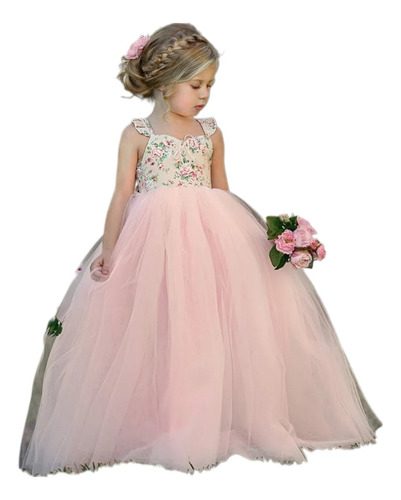 Vestido 2-7 Años Niñas Elegante Rosa Princesa Fiestas Encaje