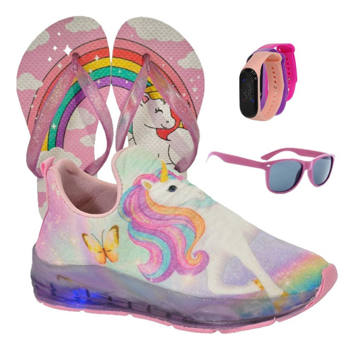 Tênis Led Infantil Feminino Novo+ Chinelo + Óculos + Relógio