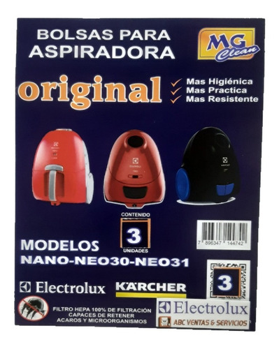 Bolsas Neo30, Neo31, Nano Aspiradora Electrolux X 3 Und.