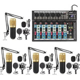 Kit Podcast Mesa De Som Bluetooth 6 Canais 4 Microfones Pro